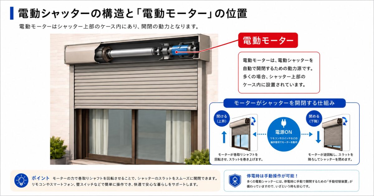 電動シャッターの電動モーターが設置されている位置を示した画像